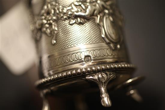 An ornate 19th century French silver drum shaped peppermill, 4in.